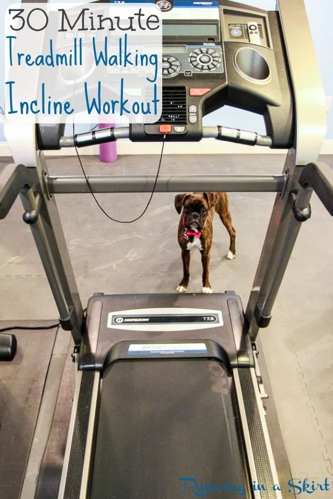 Workout graphic for a 30-minute incline walking treadmill workout, from Running in a Skirt