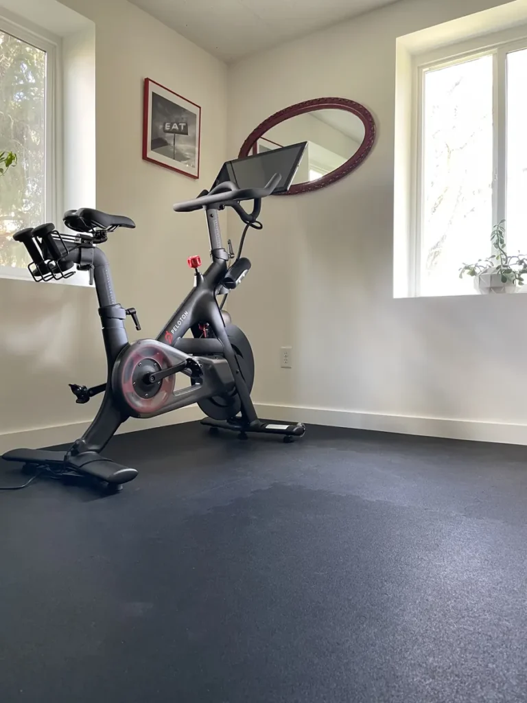 Basement fitness room with an exercise bike, from Kath Eats