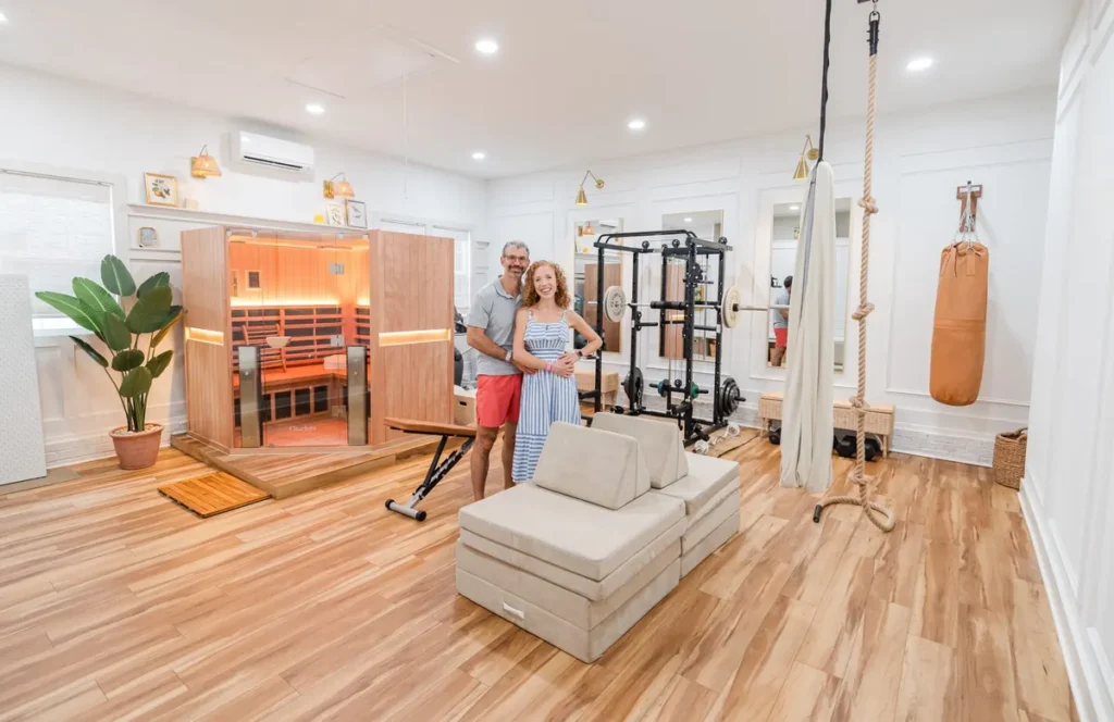 Garage home gym with wood trim and sisal rugs, from Lara Casey